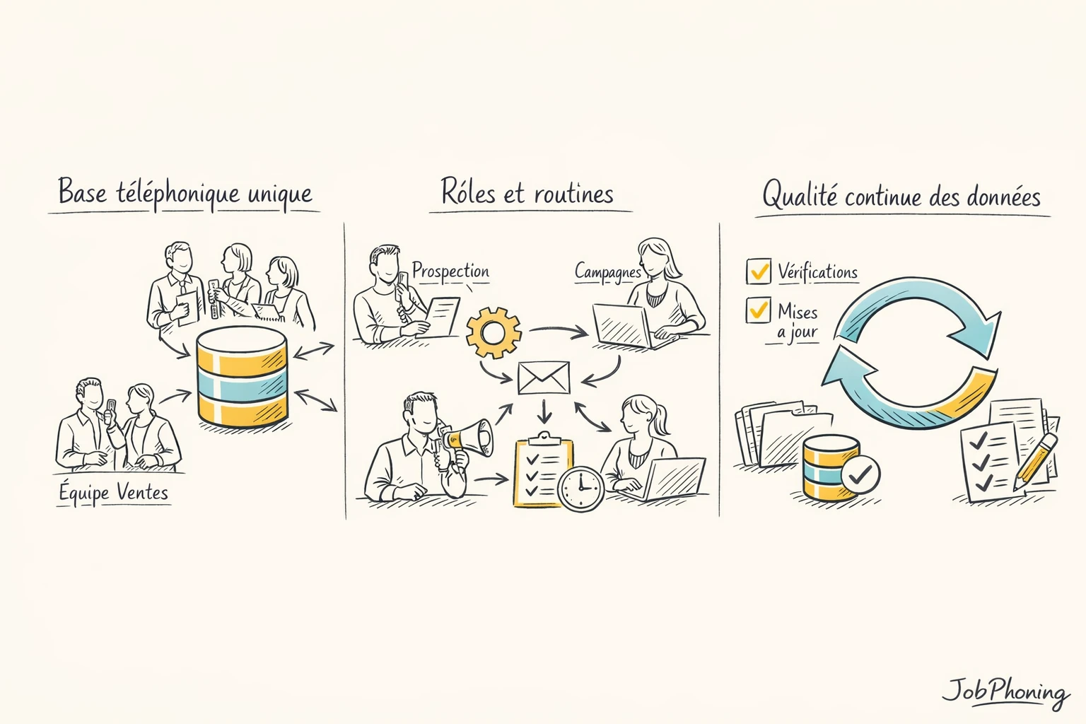 Schéma représentant la mise à jour téléphonique B2B via base centrale reliée aux équipes.