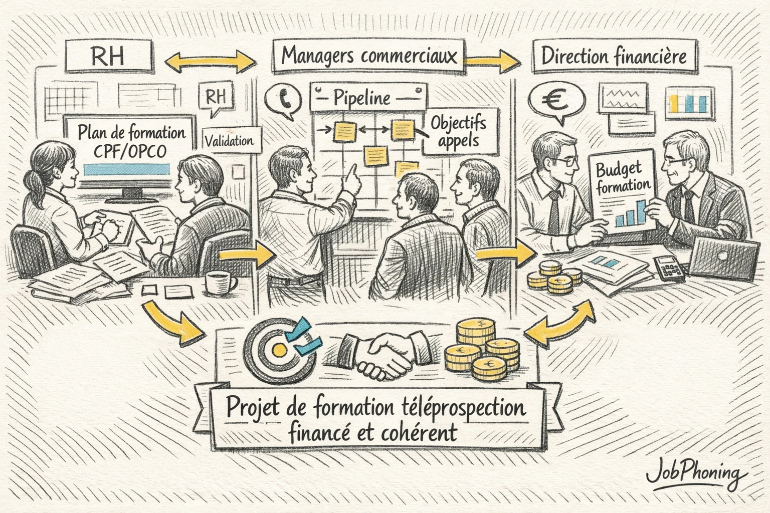 Schéma représentant la coordination RH, ventes et finance via hub central et blocs reliés