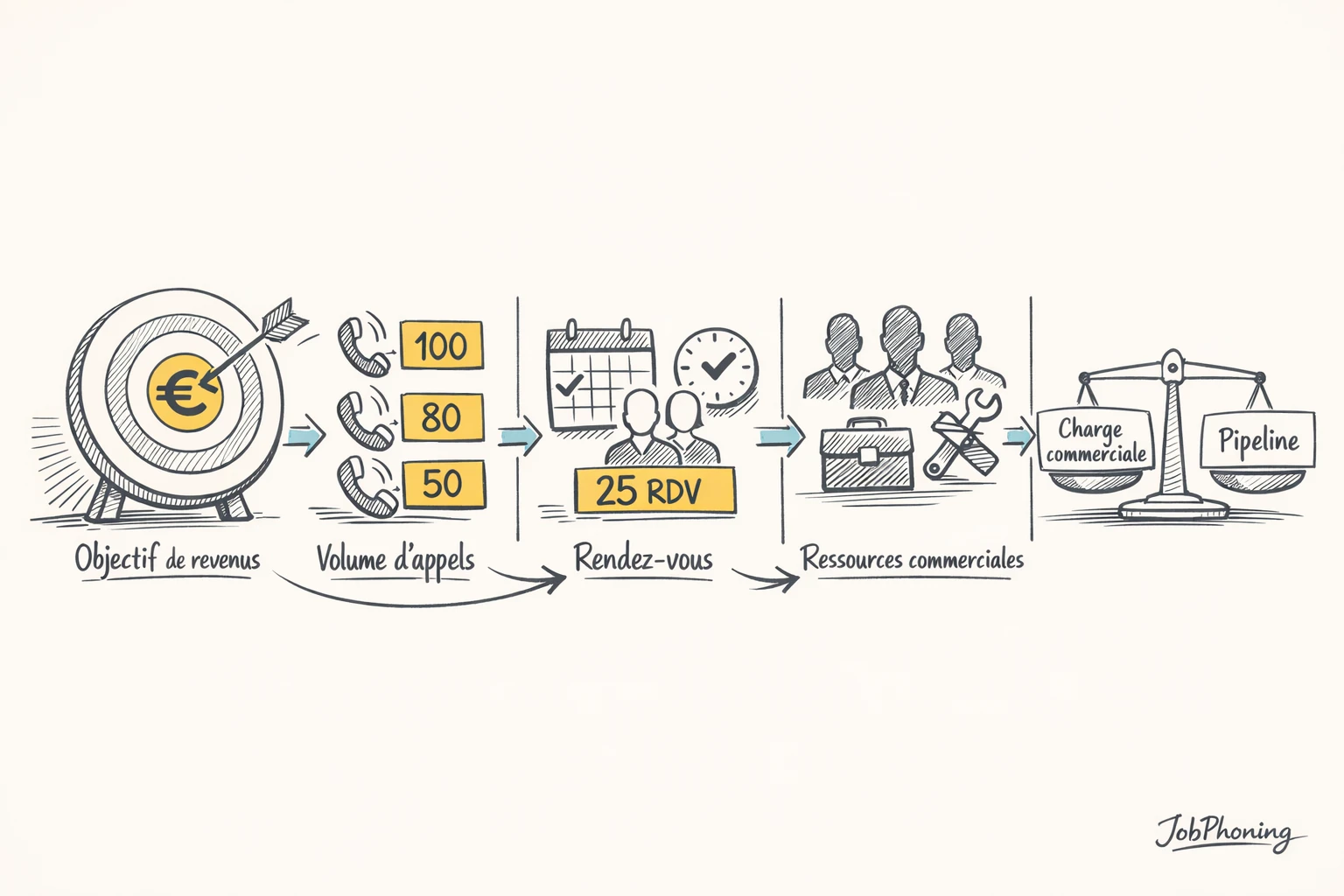 Infographie représentant l’alignement objectifs financiers et prospection via pipeline, entonnoir, blocs et flèches abstraits.