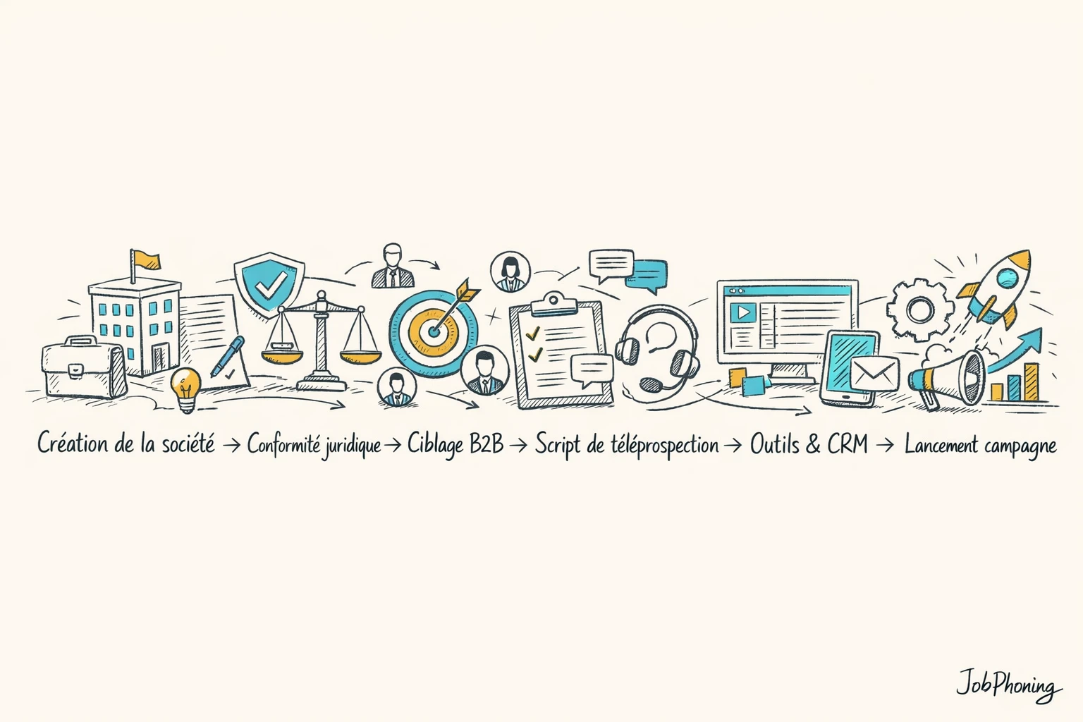 Schéma représentant le passage à la téléprospection via enchaînement d’étapes reliées par des flèches géométriques