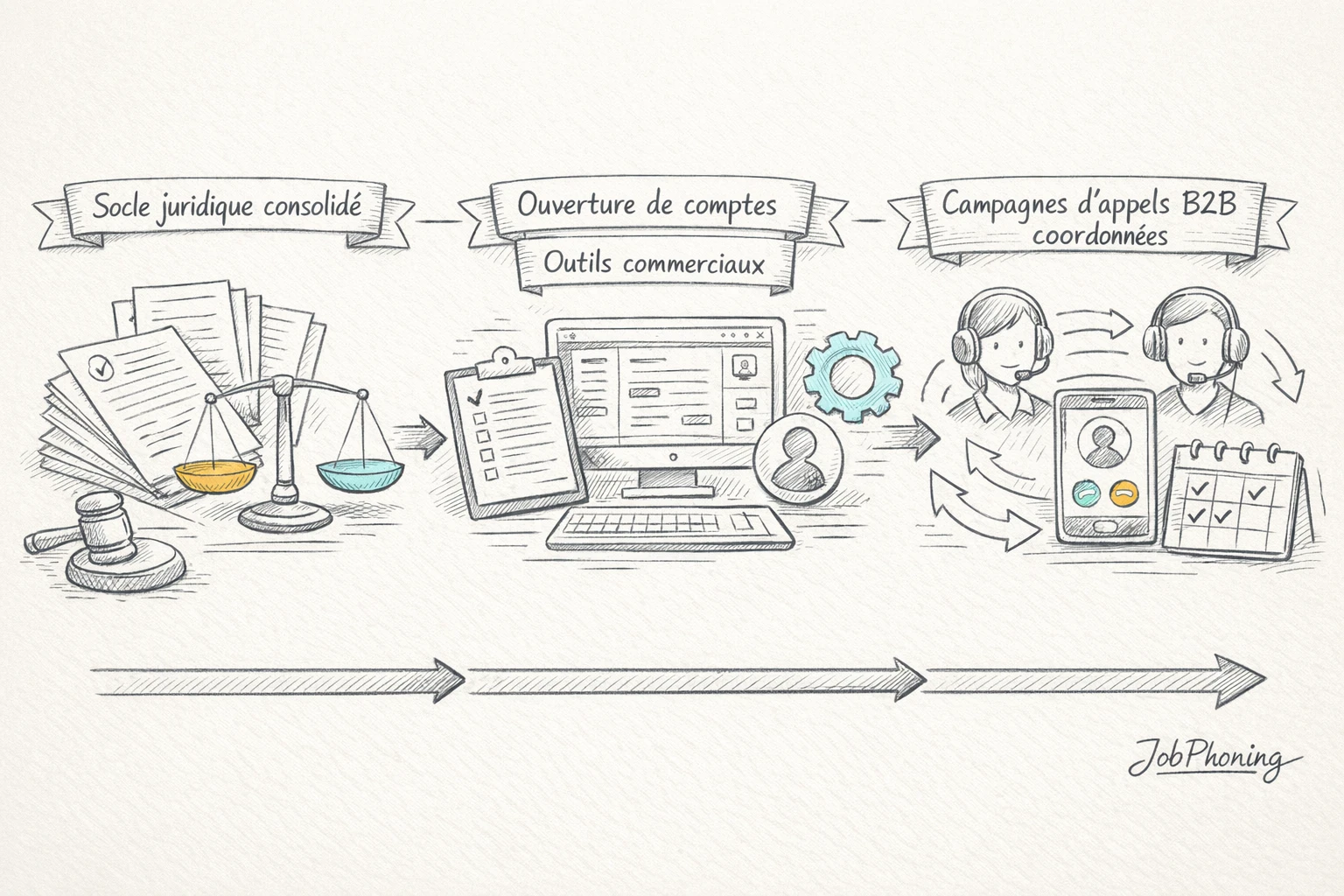 Infographie représentant la validation juridique préalable via un bloc central relié à différents modules commerciaux