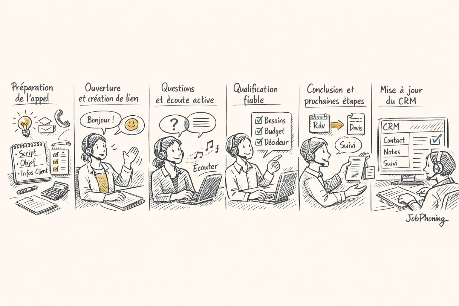 Schéma représentant un parcours de formation téléphonique via enchaînement de blocs reliés et flèches minimalistes