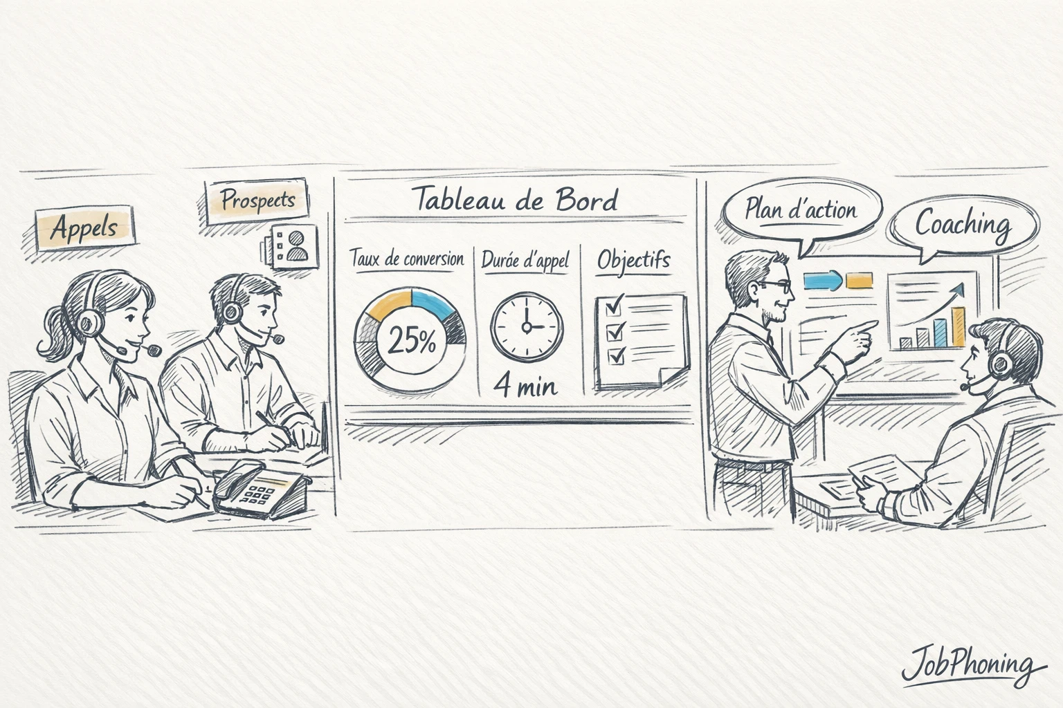 Schéma représentant un suivi de performance d’appels via rectangles reliés et indicateurs abstraits