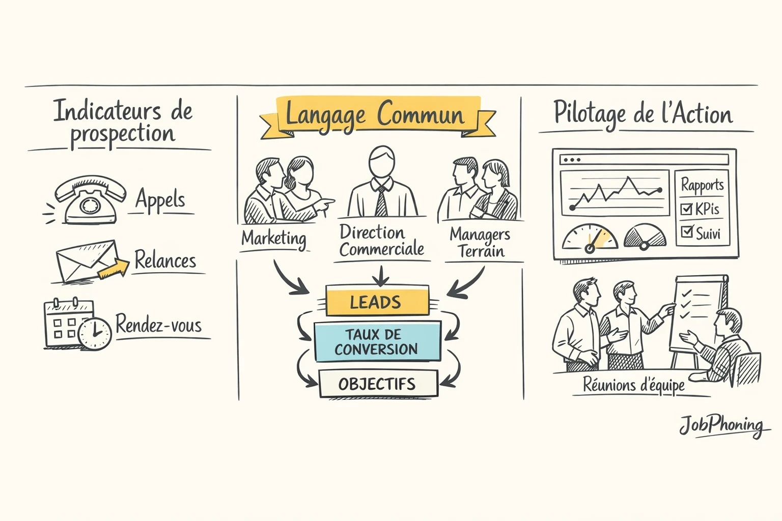 Infographie représentant l’intégration des KPI de prospection via hub central, tableaux segmentés et connexions entre