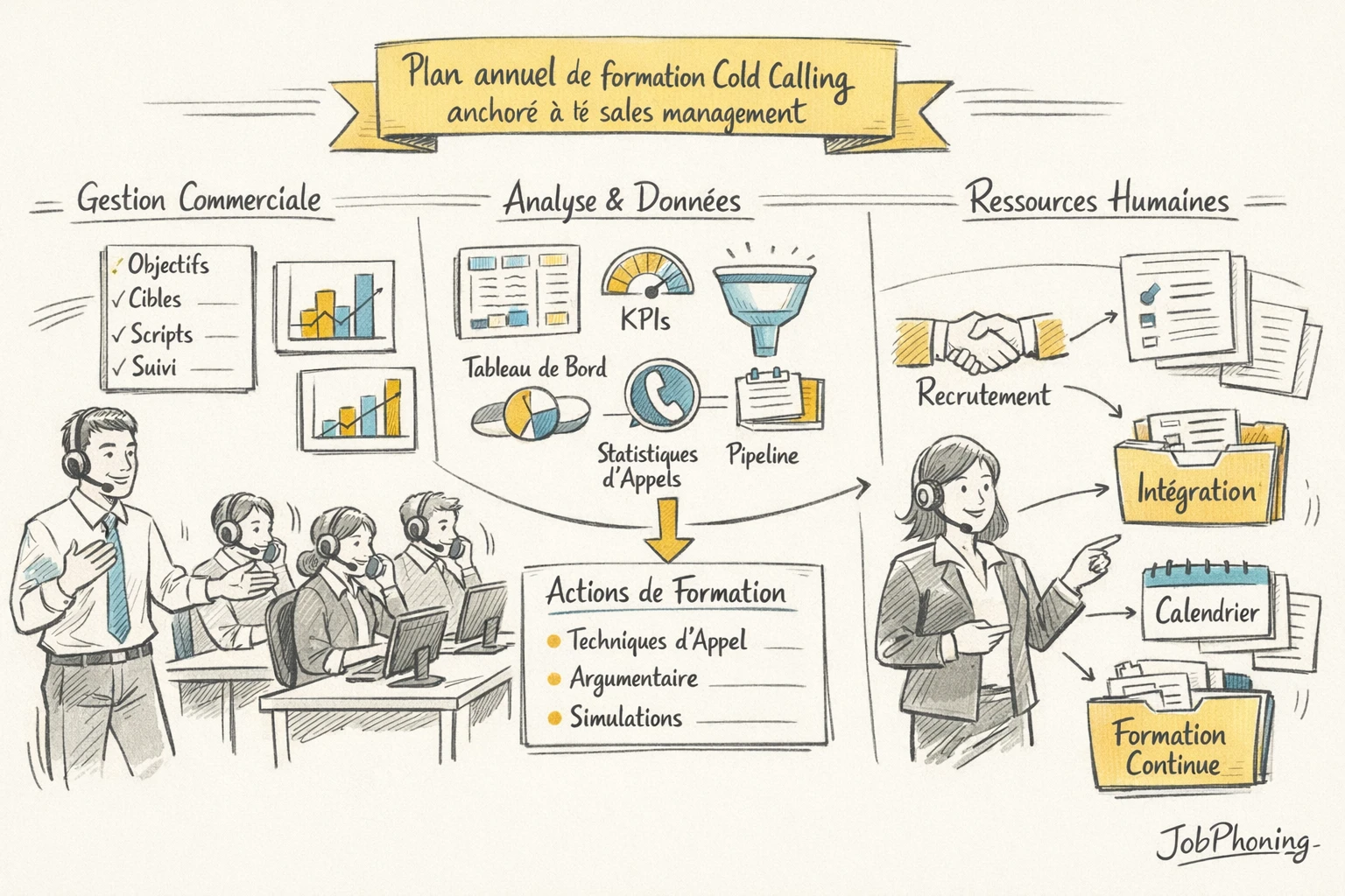 Schéma représentant l’intégration de la formation téléphonique via hub central relié à plusieurs blocs organisationnels.