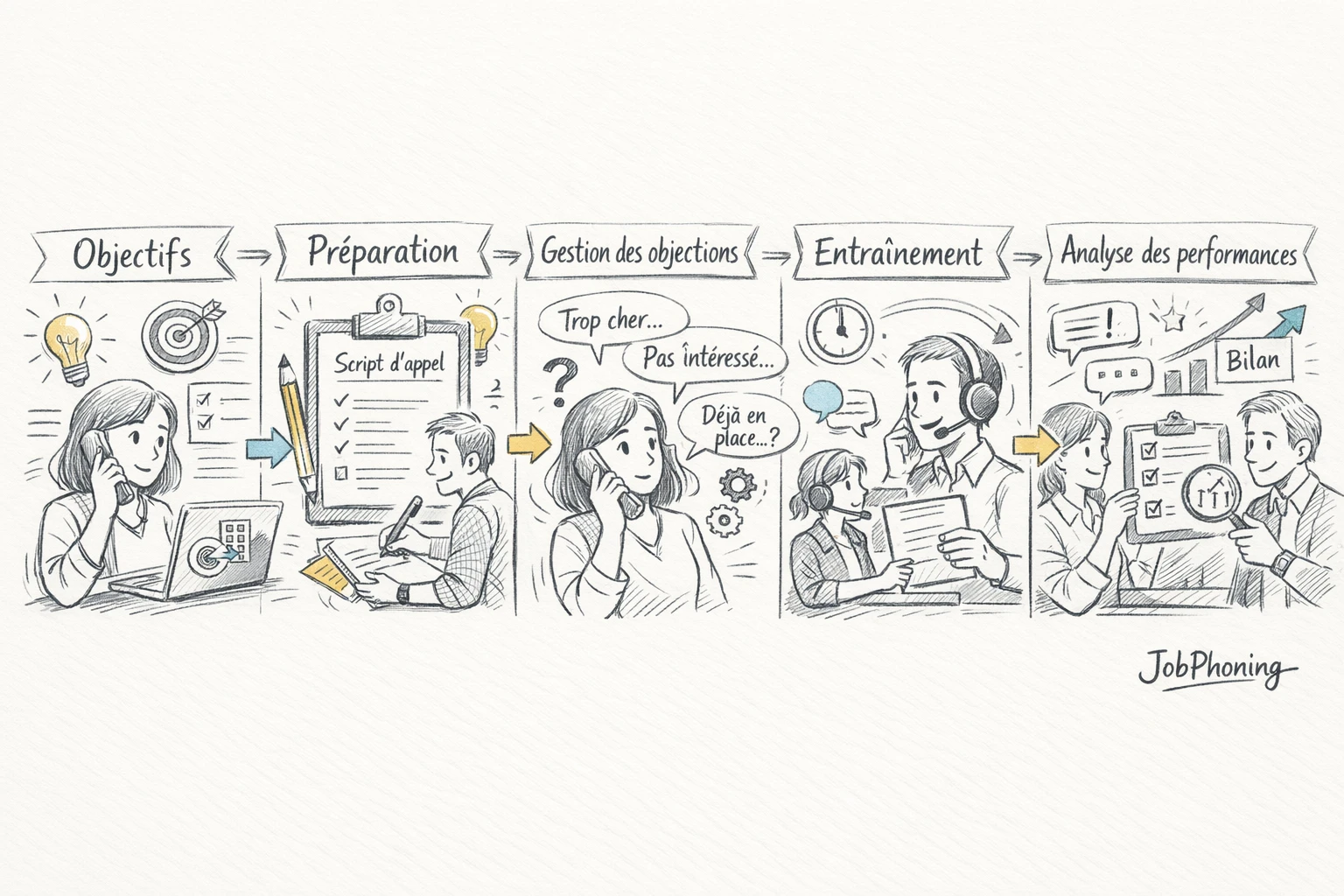 Schéma représentant un parcours de micro-apprentissage cold call via blocs alignés, flèches et icônes abstraites