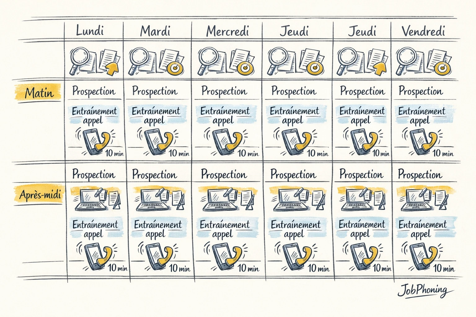 Infographie représentant l’intégration de courtes sessions d’appels via calendrier hebdomadaire, blocs colorés et flèches continues