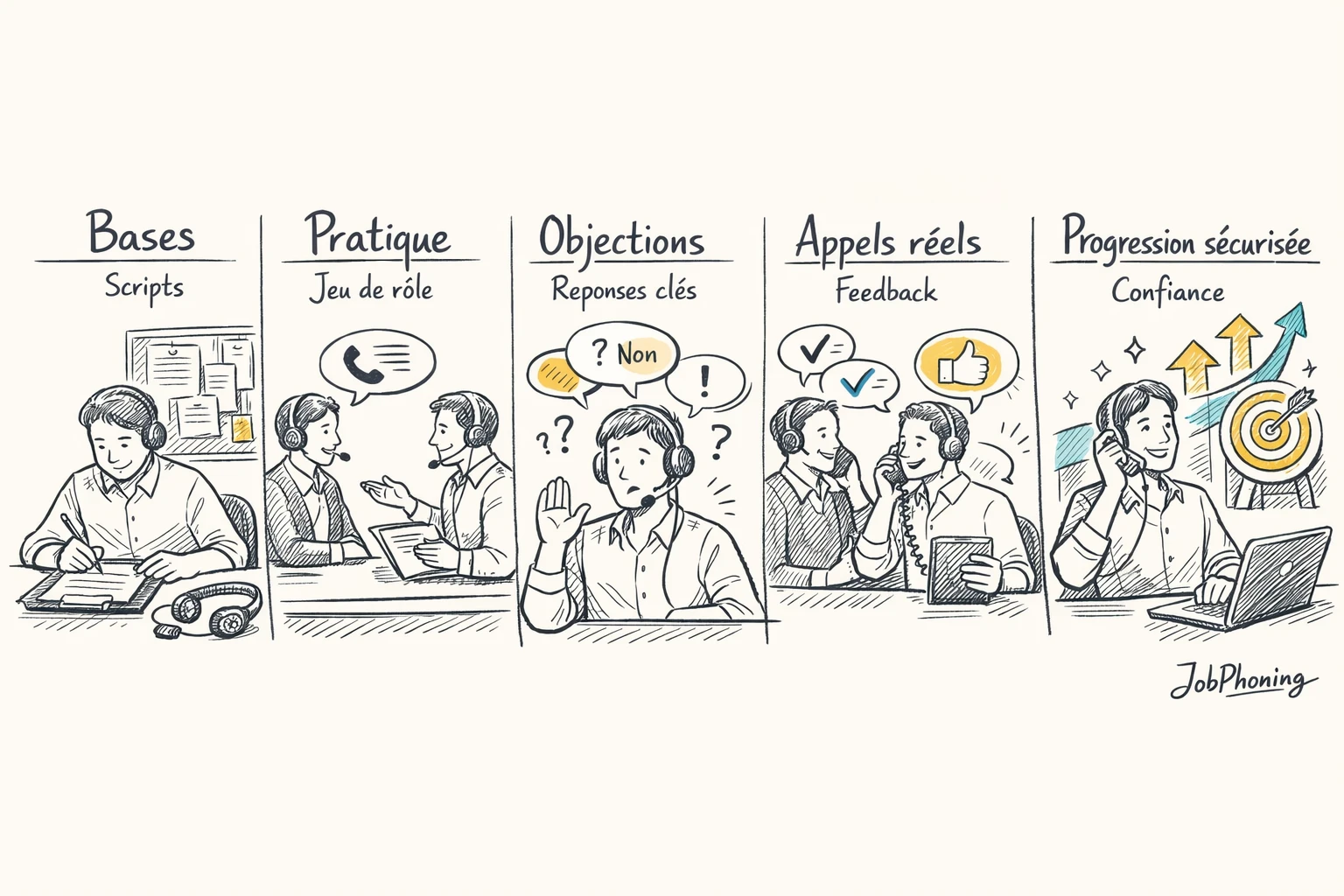 Schéma représentant un parcours de formation cold calling via blocs successifs reliés par des flèches.