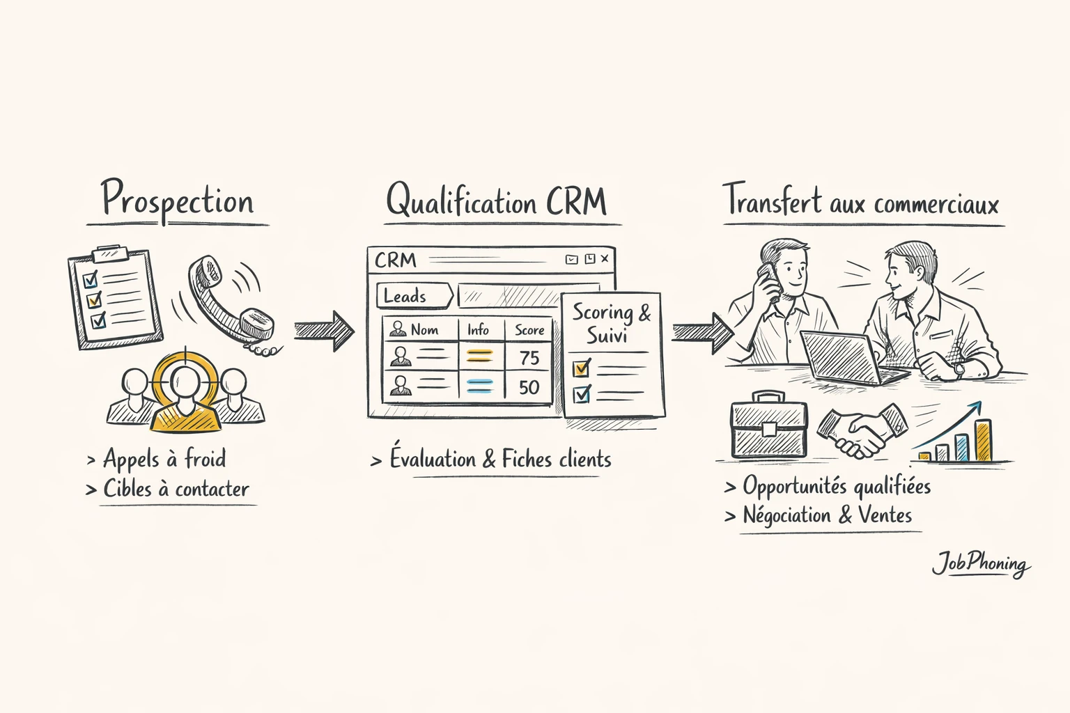 Infographie représentant l’intégration du cold calling via pipeline commercial, hub central et blocs connectés