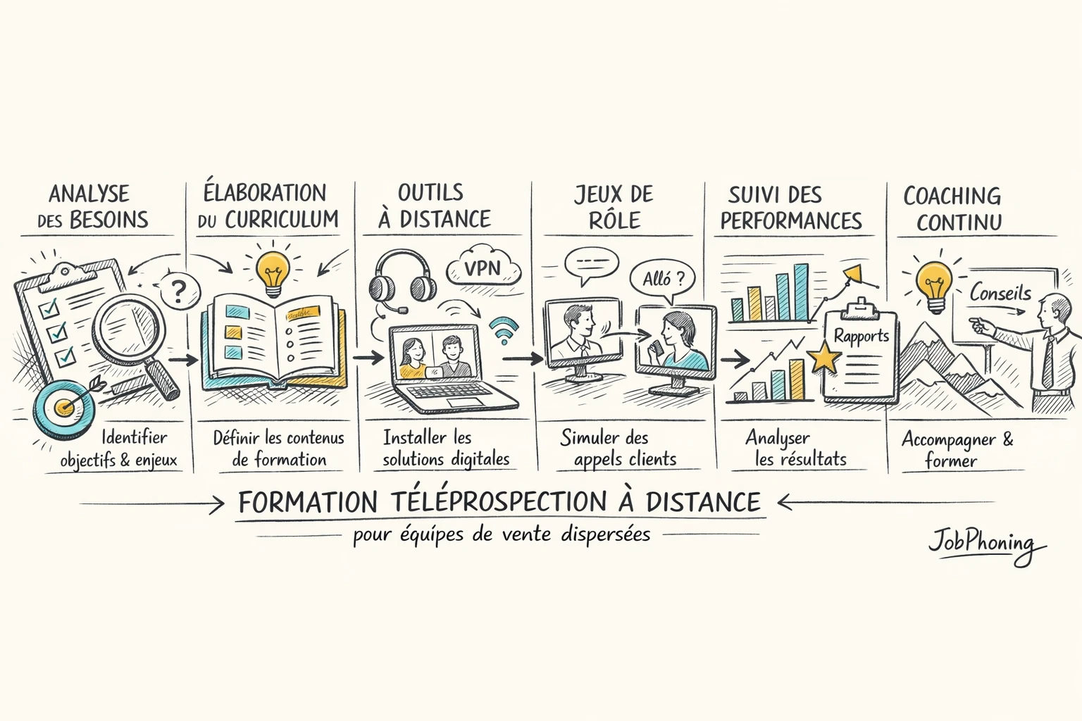 Schéma représentant un parcours de formation téléphonique à distance via un enchaînement de blocs reliés