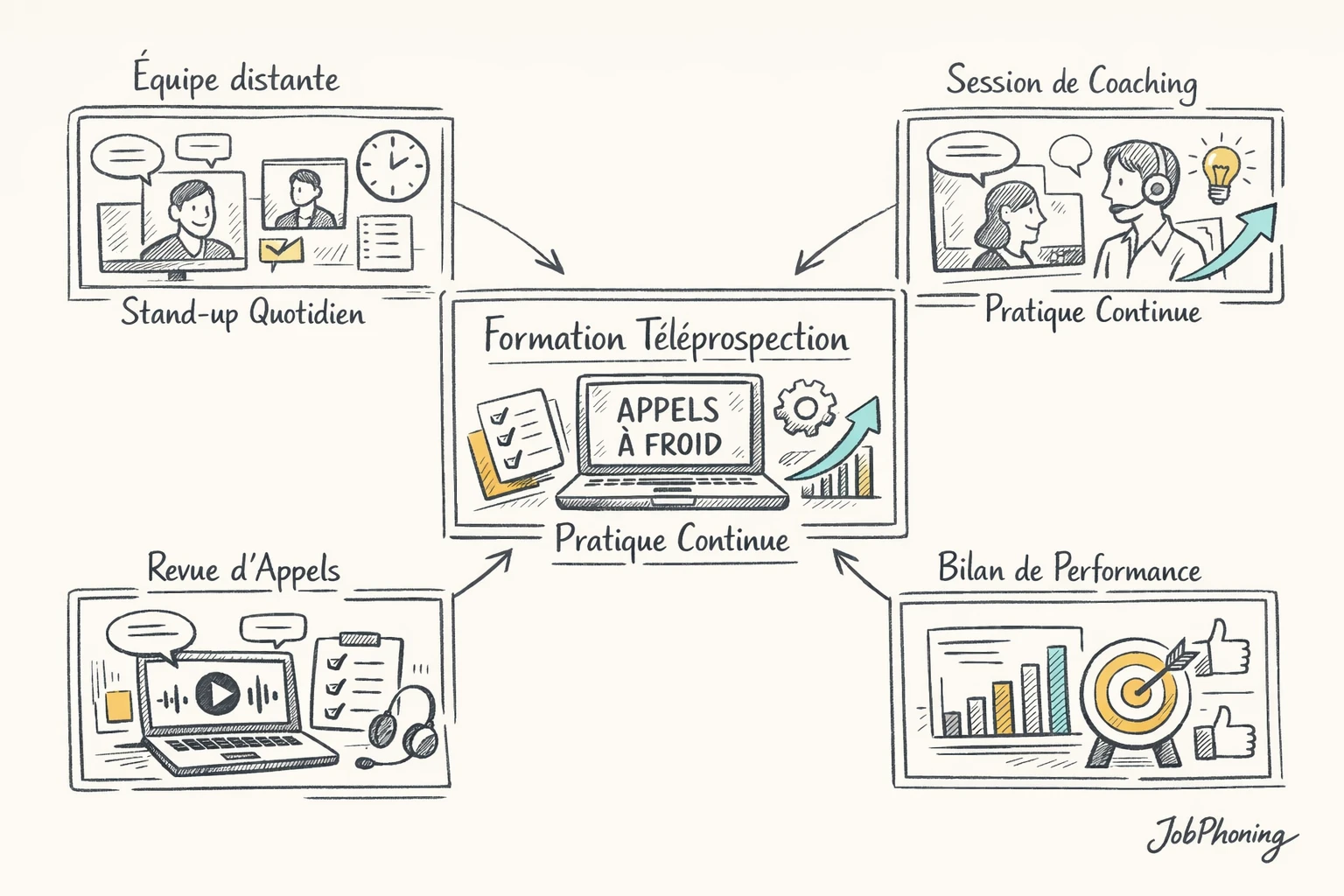 Schéma représentant la formation cold calling continue via un hub central connecté à plusieurs blocs