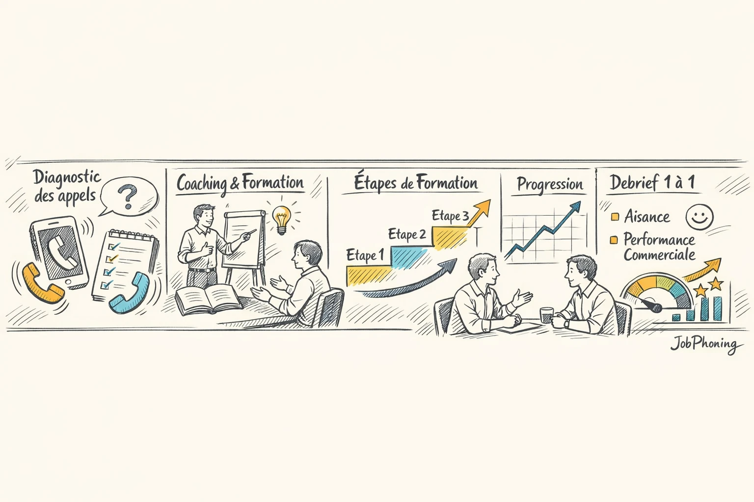 Schéma représentant une formation d’appels à froid via blocs alignés reliés par des flèches.