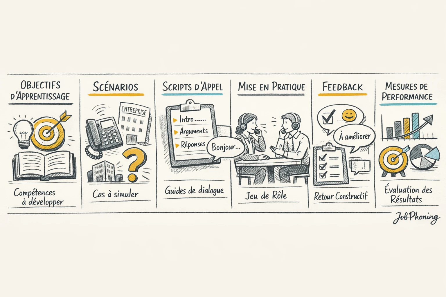 Schéma représentant la conception d’un atelier de jeux de rôle via six blocs reliés et