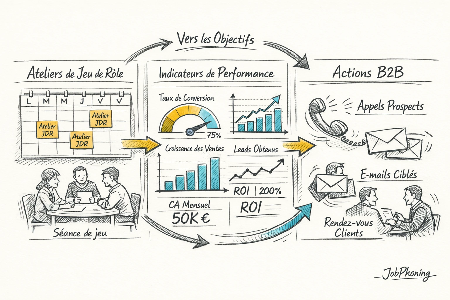 Schéma représentant l’intégration d’ateliers de prospection via calendrier central, entonnoir, tableaux et cercles connectés.
