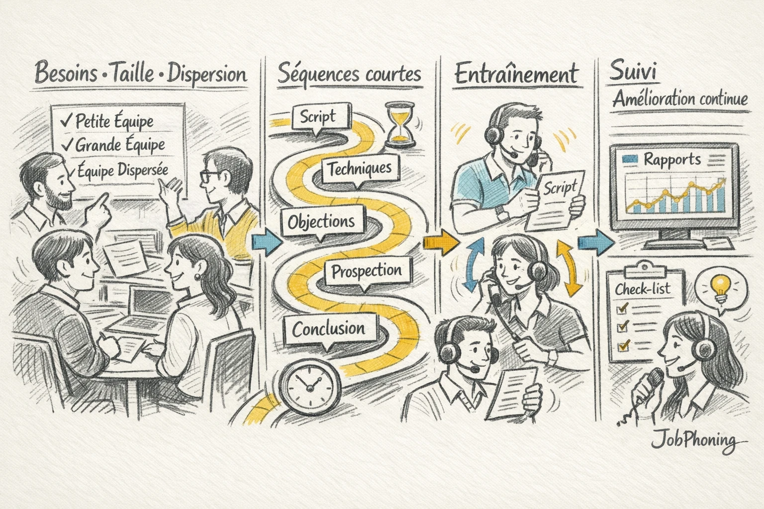 Schéma représentant la structuration d’un parcours de formation téléprospection via flux de blocs reliés.