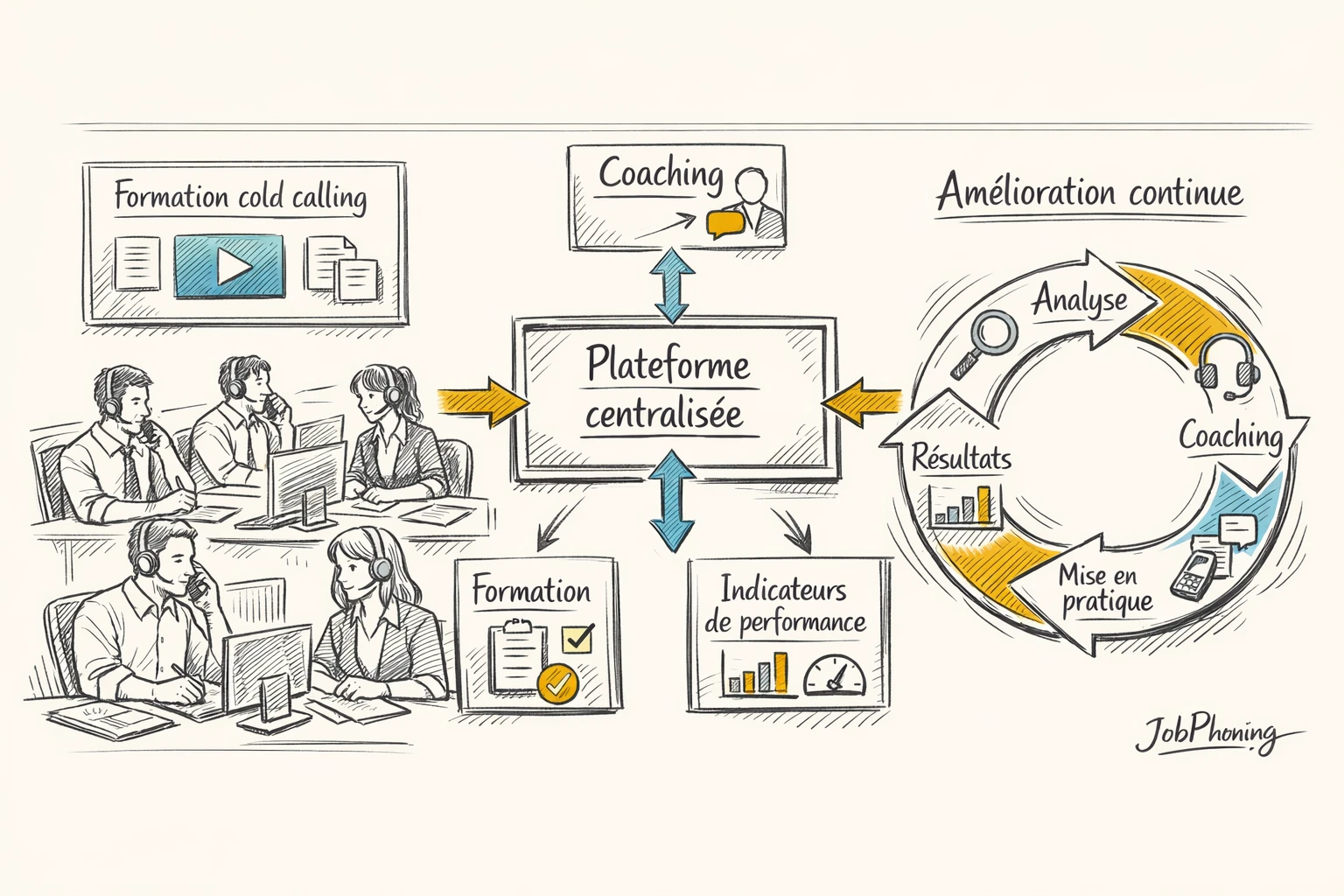 Schéma représentant l’intégration de la formation aux appels via cercle central relié à plusieurs blocs