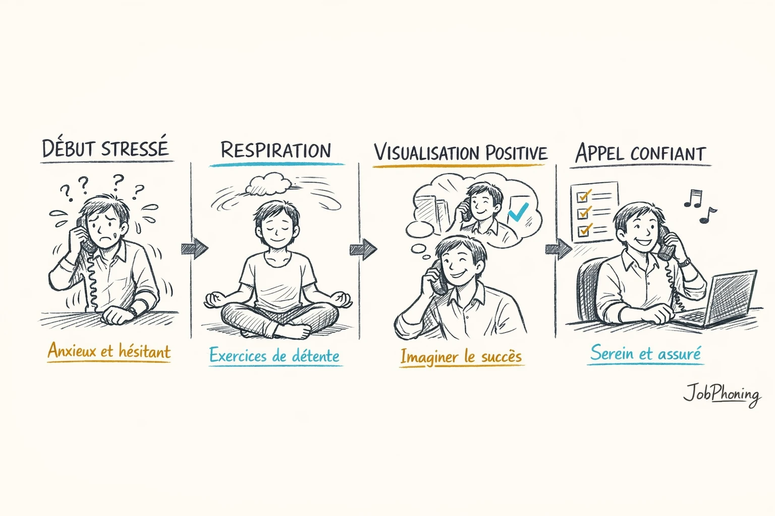 Schéma représentant un parcours de formation cold calling via blocs séquentiels et flèches illustrant la