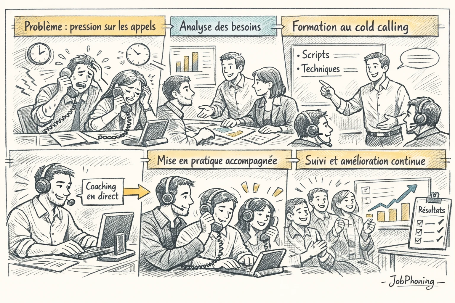 Schéma représentant l’intégration collective du cold calling via cercle central et blocs connectés symbolisant formation,