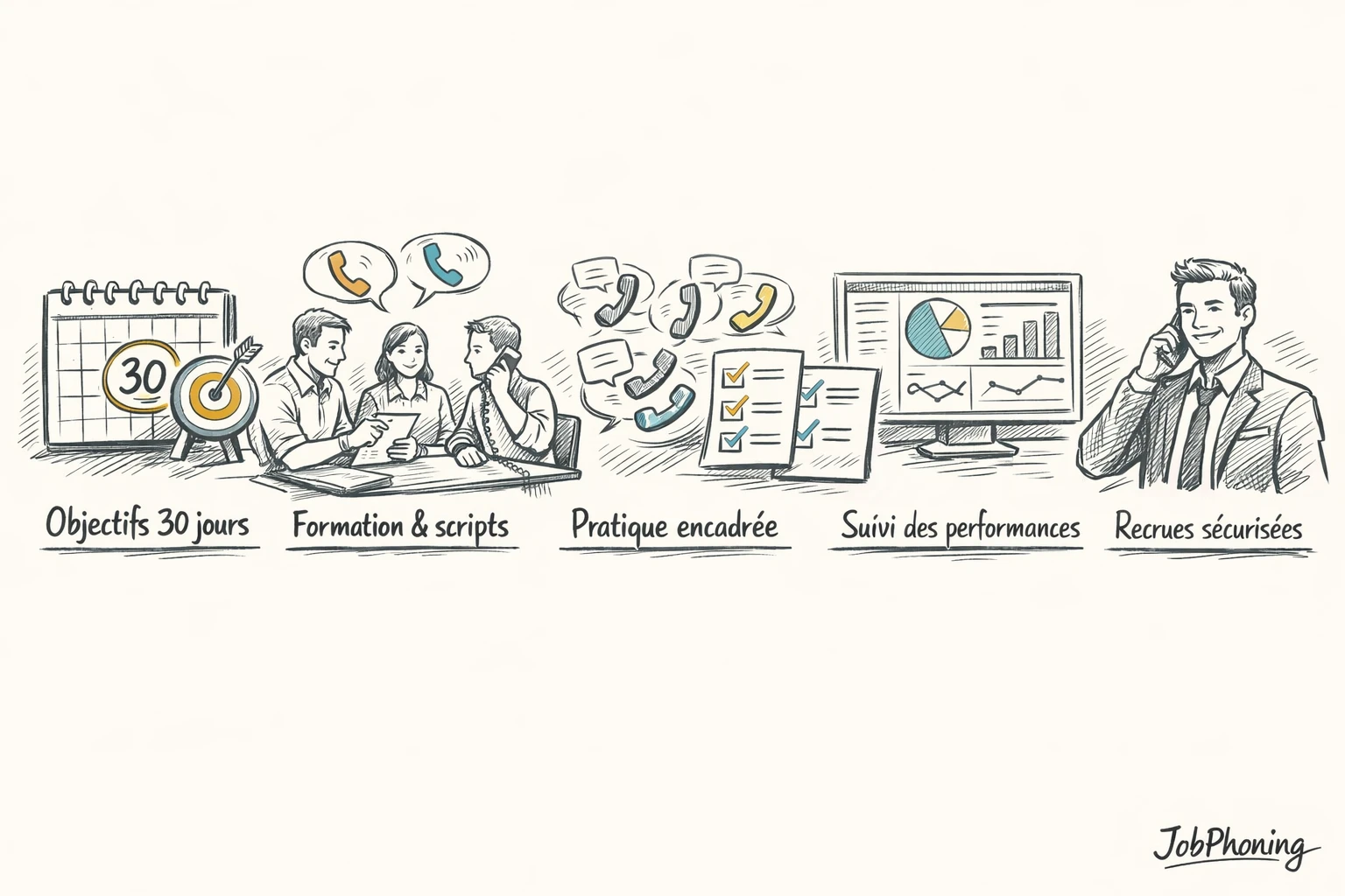 Schéma représentant un parcours de formation cold calling via blocs successifs reliés par des flèches