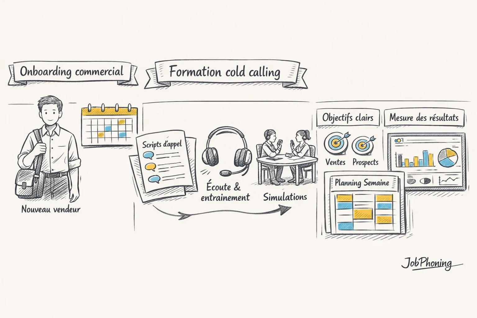 Infographie représentant l’intégration de la formation cold calling via pipeline, modules, calendriers et tableaux abstraits.