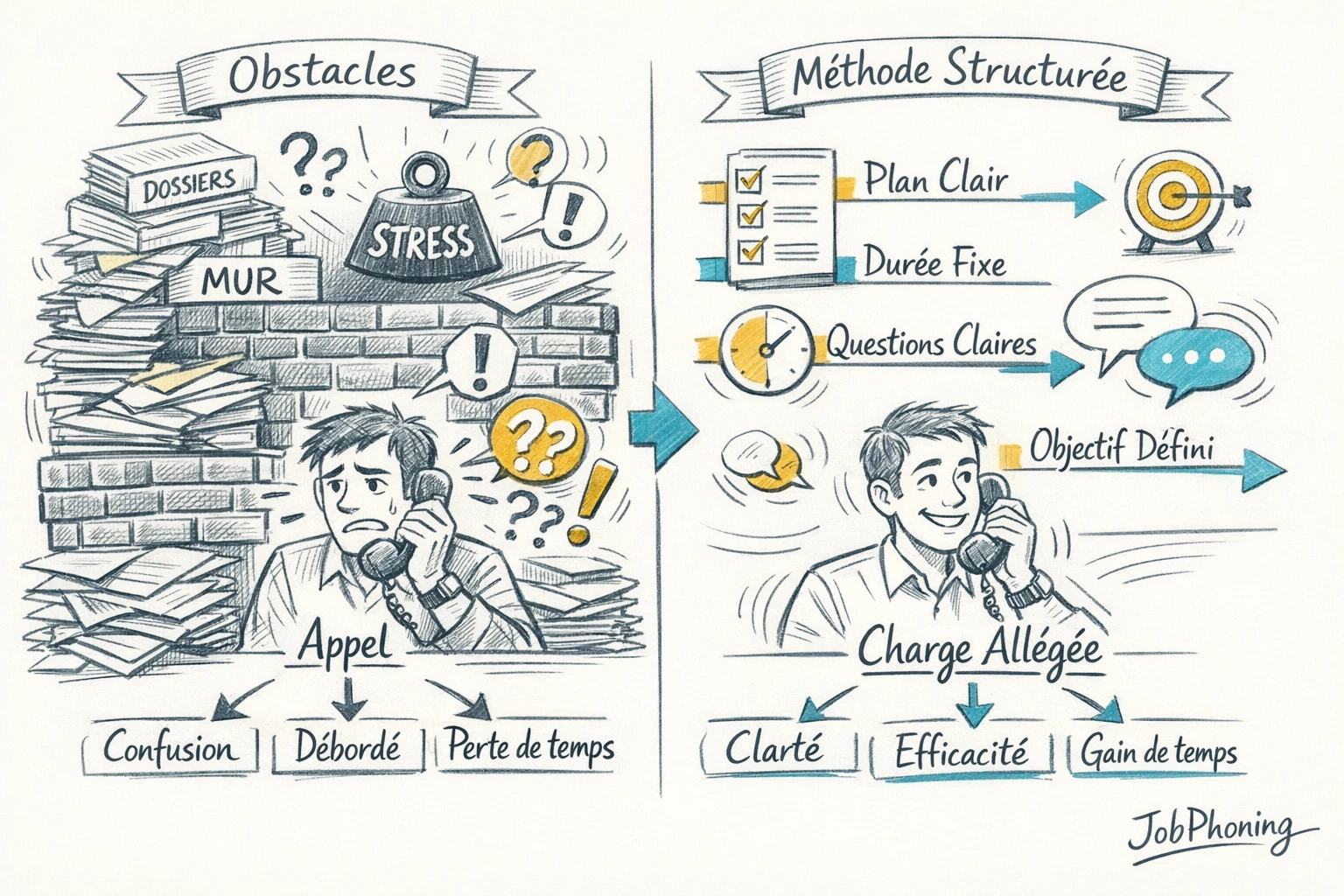 Infographie représentant les blocages du phoning via un parcours complexe traversant plusieurs obstacles géométriques alignés.
