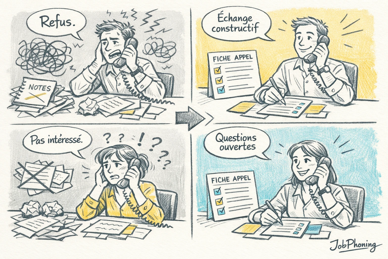 Infographie représentant divers scénarios d’objections téléphoniques via trois colonnes de blocs colorés alignés.