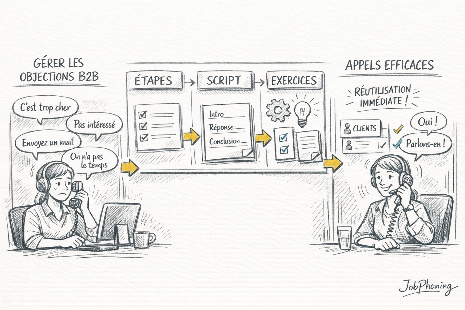 Schéma représentant une formation aux objections téléphoniques via blocs reliés illustrant modules, exercices pratiques et