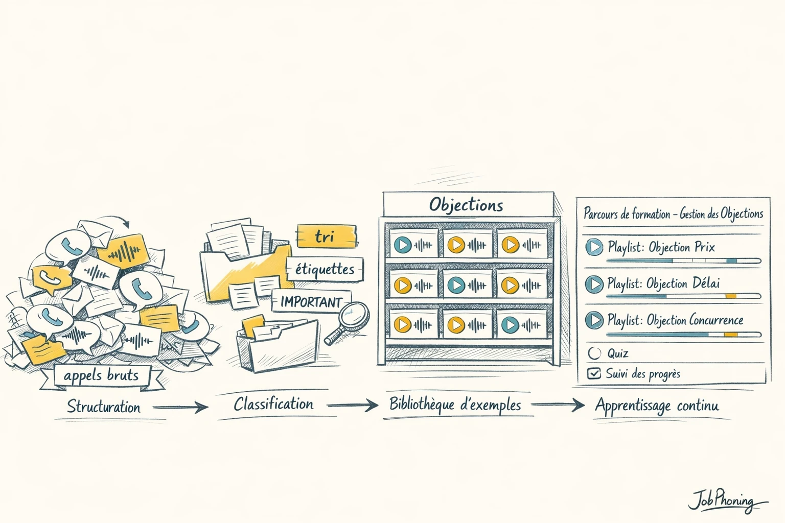 Schéma représentant la structuration d’enregistrements d’appels en parcours de formation via blocs reliés et flèches