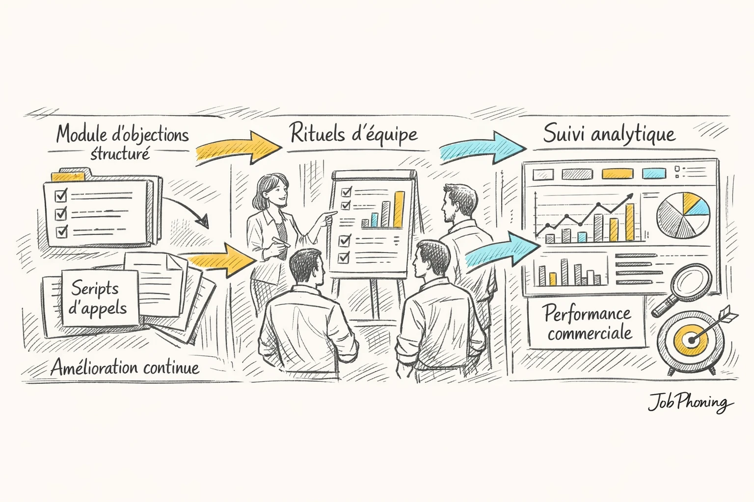 Schéma représentant la structuration du traitement des objections via hub central, blocs reliés et flèches
