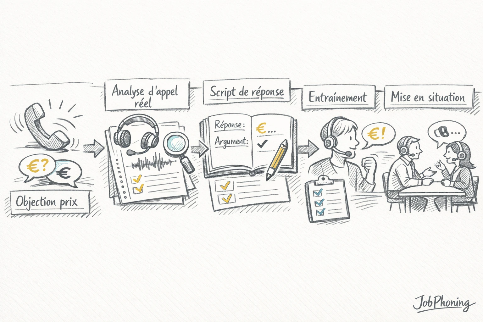Schéma représentant un parcours de formation téléprospection via flèches, blocs alignés et icônes abstraites reliées.