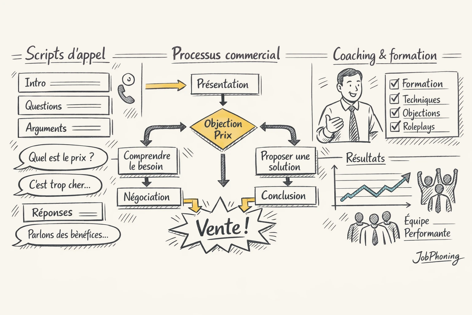 Schéma représentant la structuration des réponses prix via un noyau central relié à plusieurs blocs