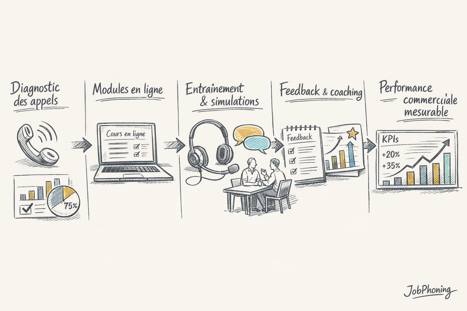 Schéma représentant un parcours de formation en ligne structuré via blocs et flèches séquentiels colorés.