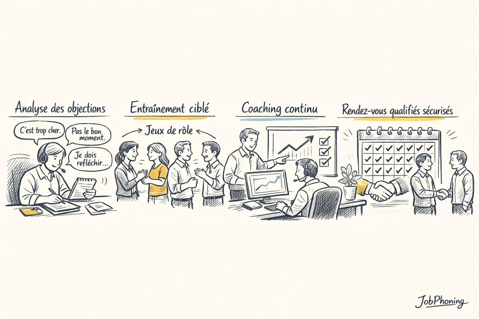 Schéma représentant un parcours de formation objections via blocs séquentiels reliés et flèches minimalistes.