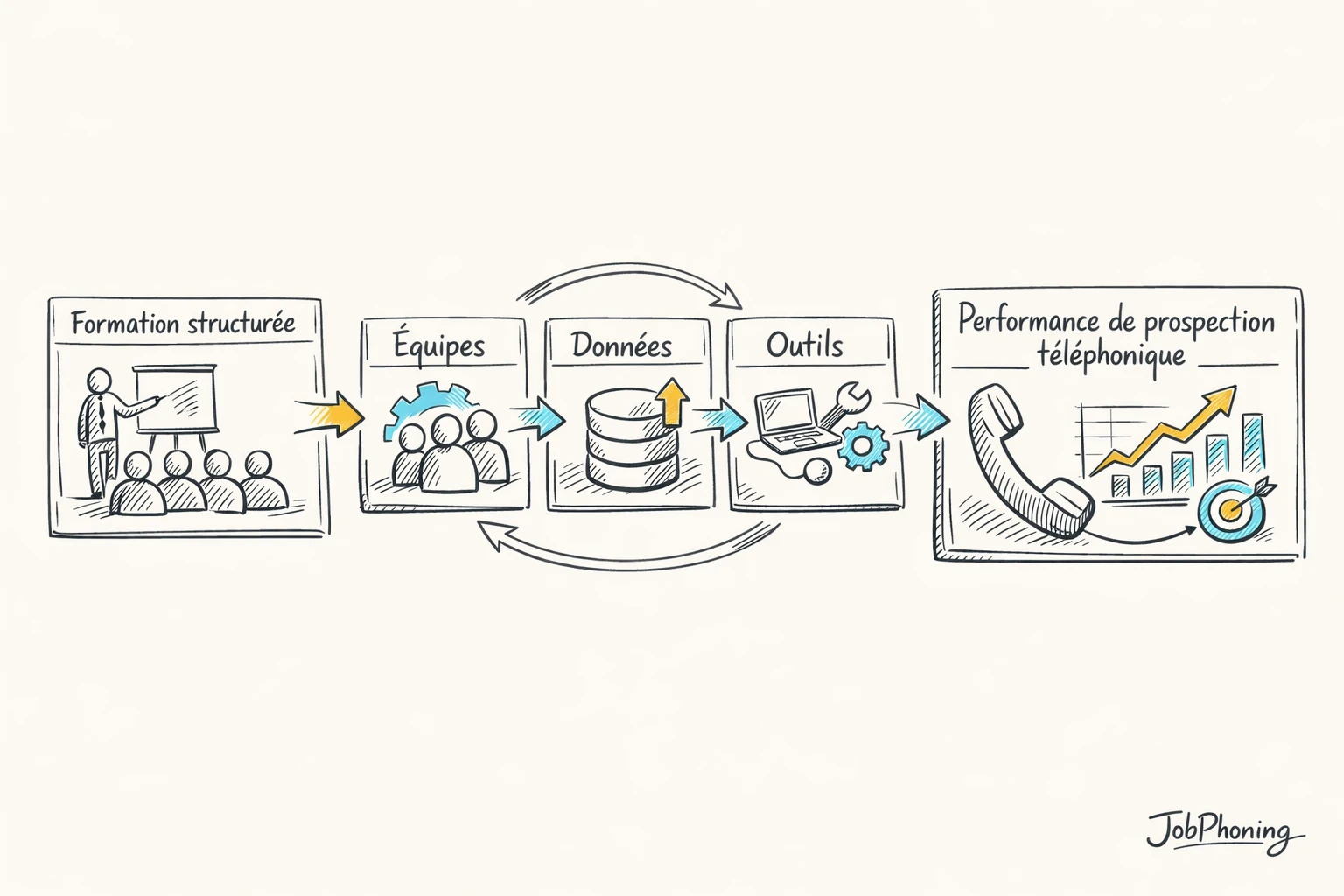 Schéma représentant la formation aux objections via un noyau central connecté à plusieurs blocs symbolisant