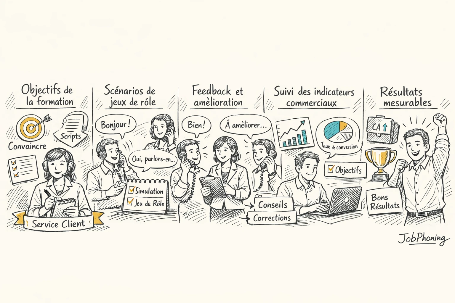 Schéma représentant une formation téléphonique structurée via enchaînement de blocs et flèches minimalistes.