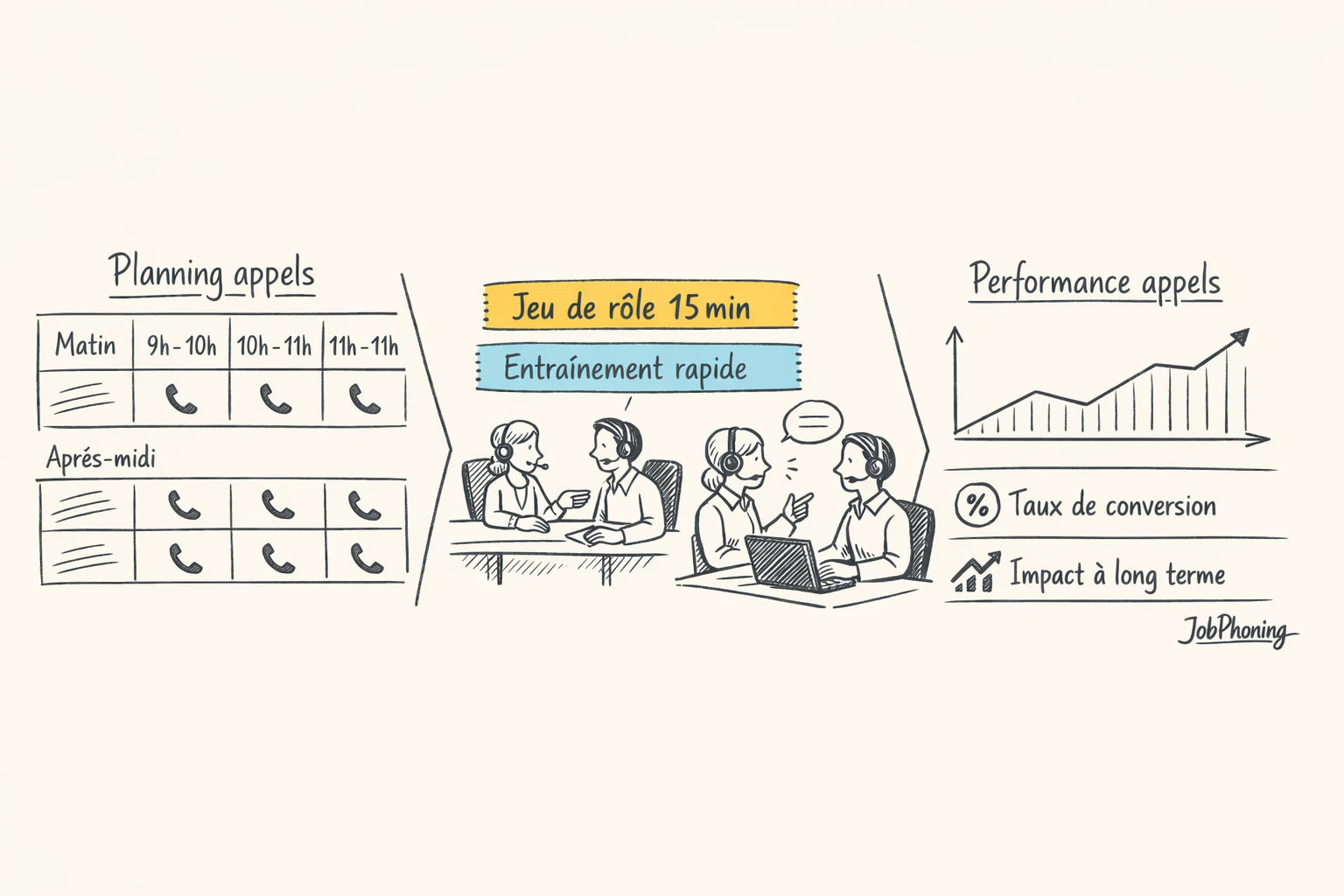 Infographie représentant l’équilibre formation et appels via pipeline central, modules latéraux, calendriers et tableaux de