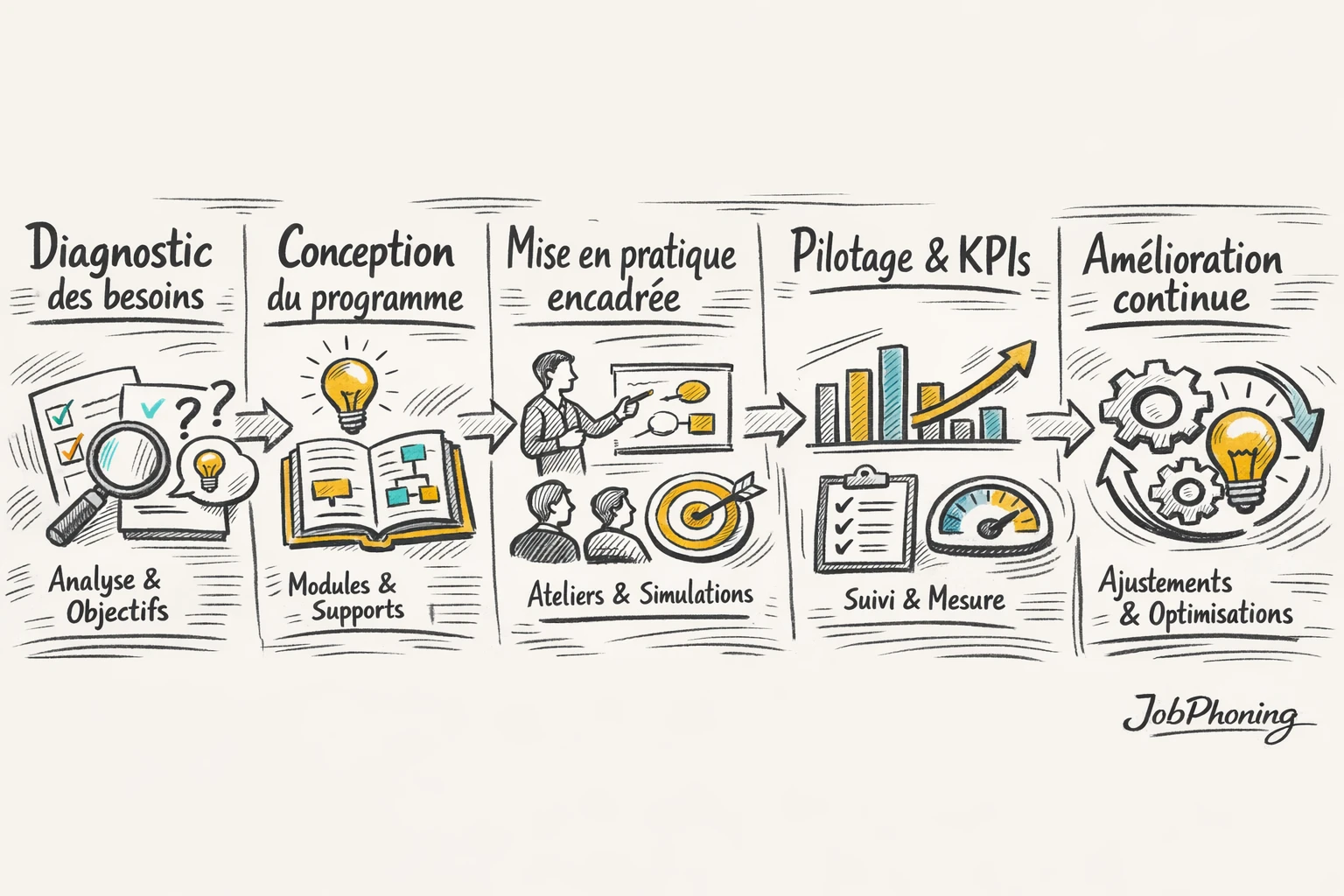 Schéma représentant un programme de formation B2B via plusieurs blocs reliés en flux.
