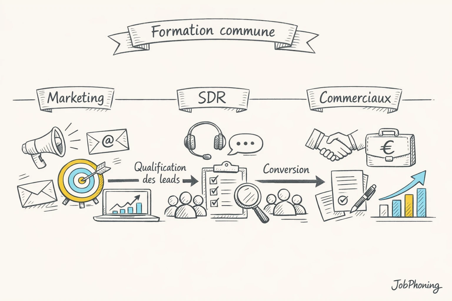 Schéma représentant la coordination formation rendez-vous via un noyau central relié à plusieurs blocs d’équipes