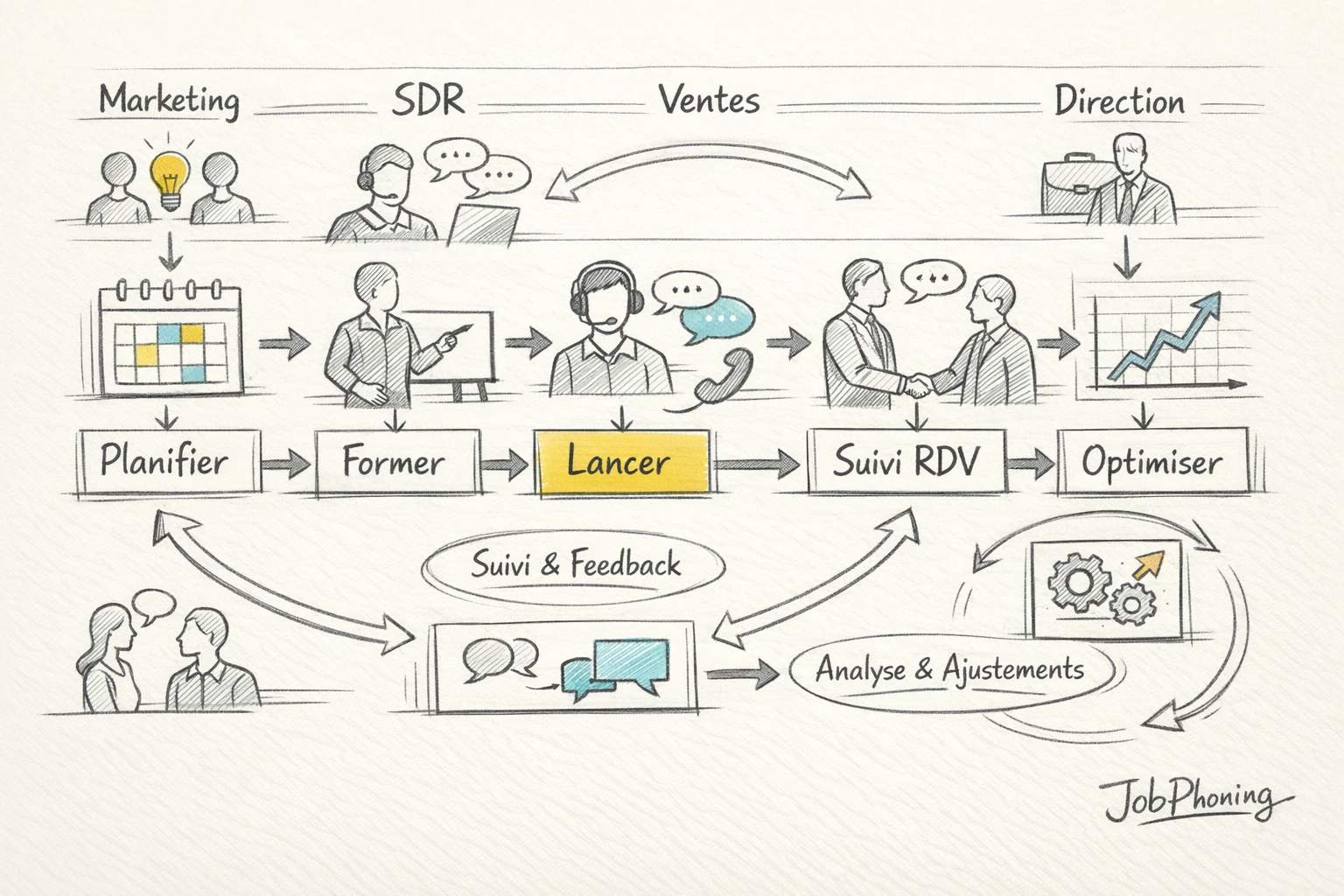 Schéma représentant l’intégration continue de la formation via un hub central relié à plusieurs blocs.