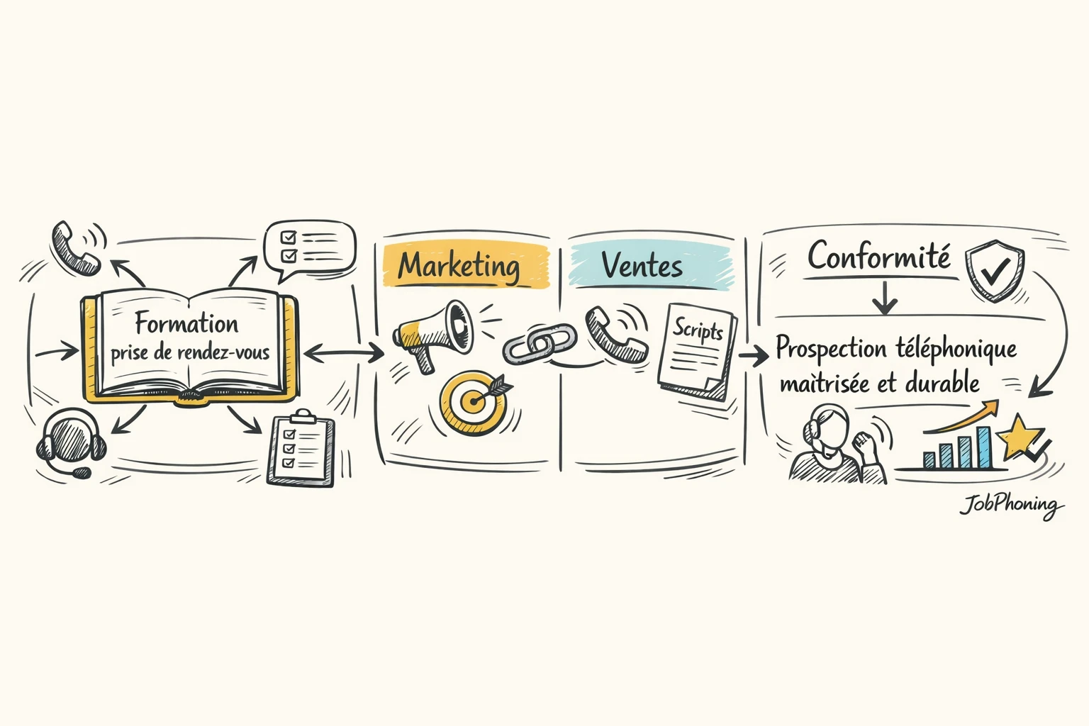 Schéma représentant la coordination formation, marketing, ventes et conformité via un hub central connecté par