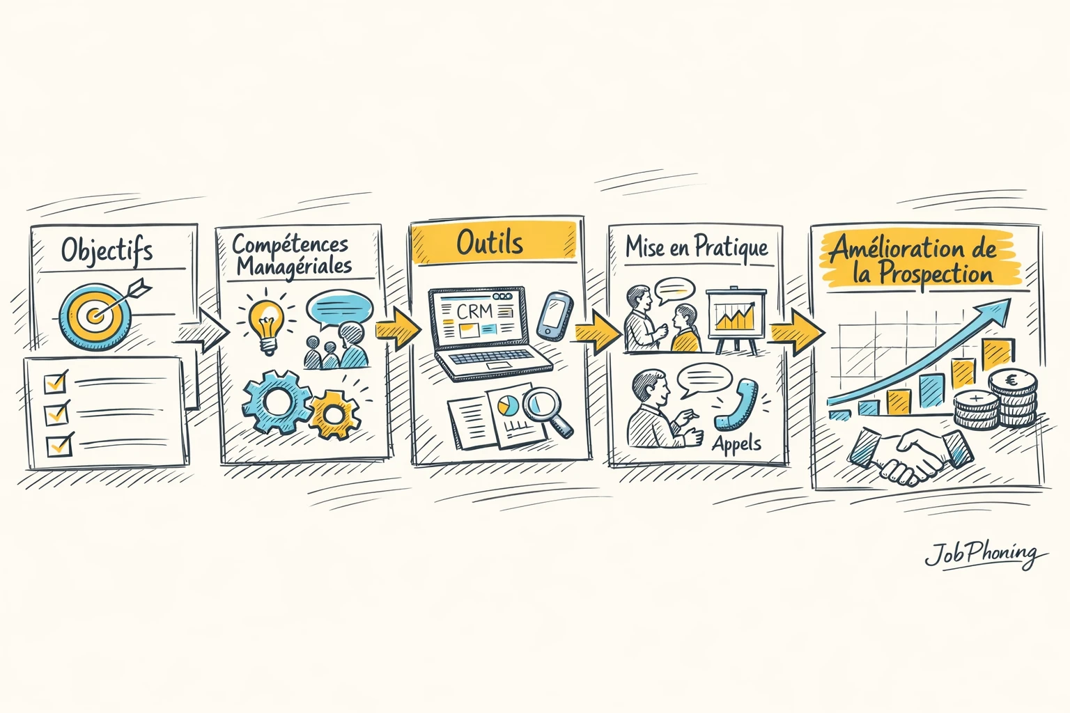 Schéma représentant un parcours de formation managers via enchaînement de blocs reliés et flèches minimalistes