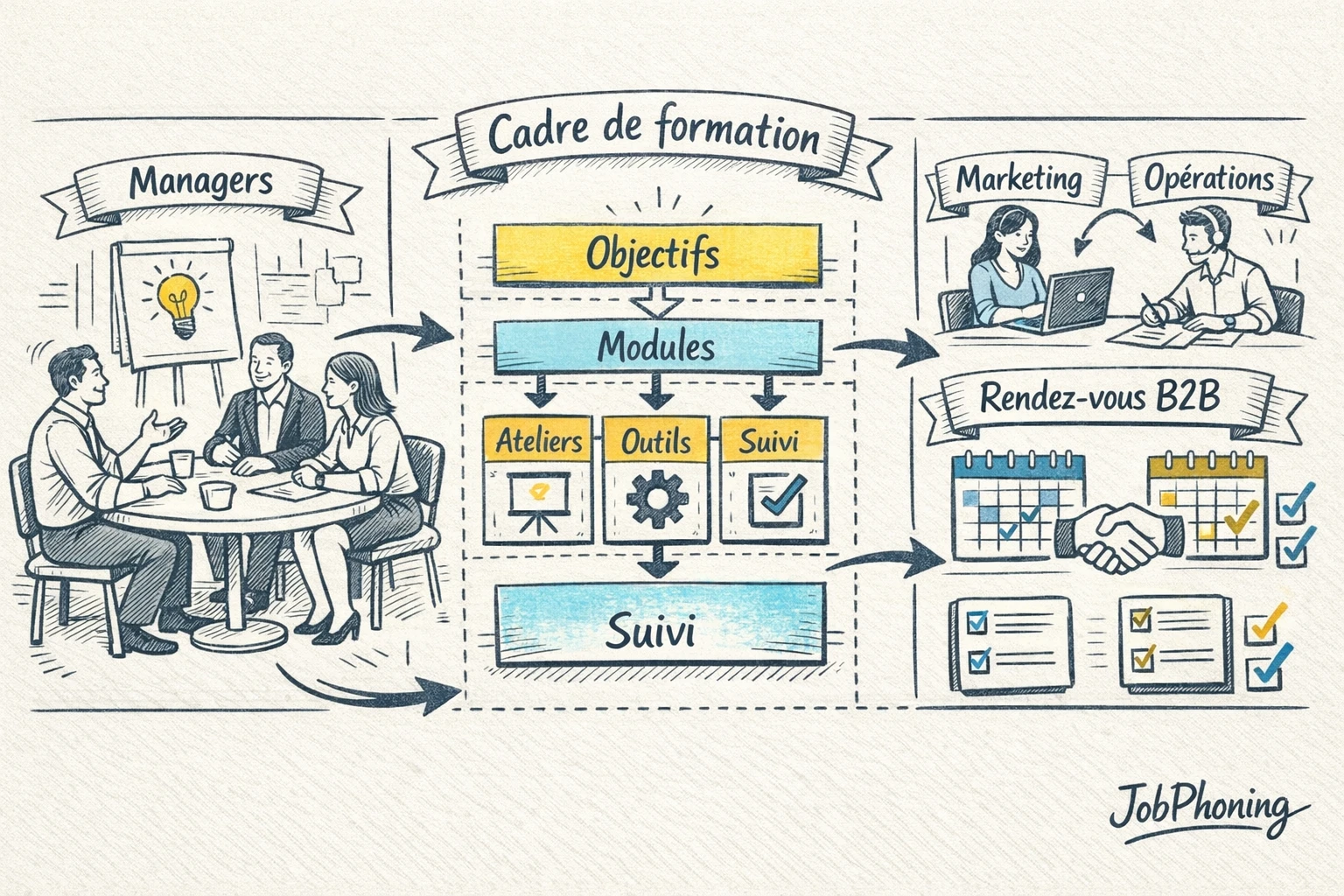 Schéma représentant l’intégration continue de la formation via un noyau central connecté à plusieurs blocs