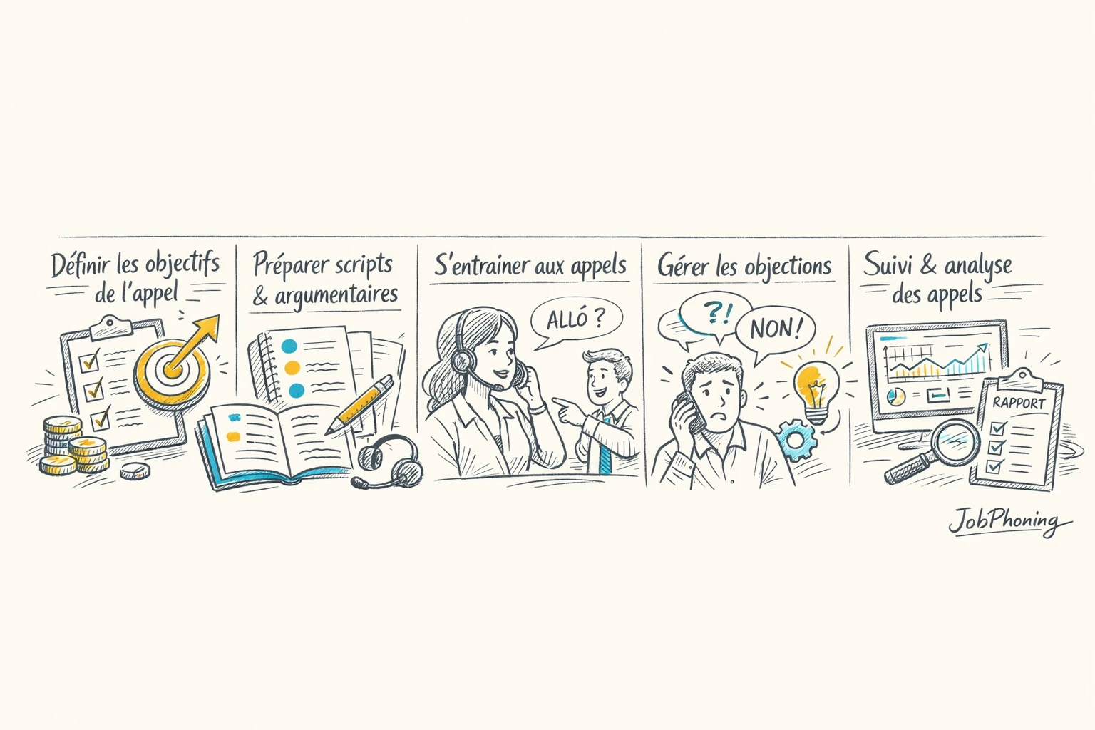 Schéma représentant un programme de formation téléprospection via une succession de blocs reliés par des