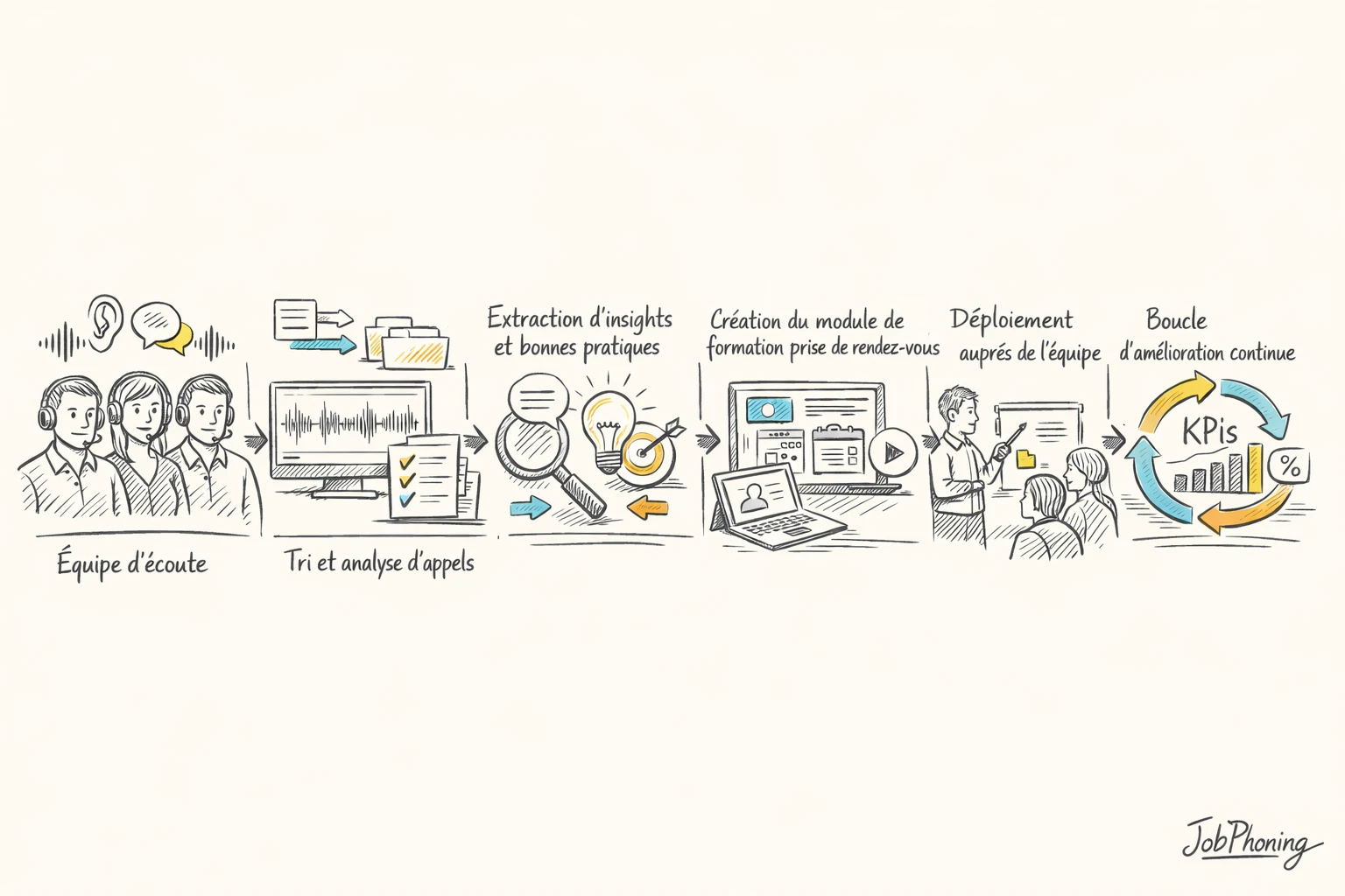 Schéma représentant un parcours de formation téléphonique via enchaînement de blocs reliés et icônes abstraites