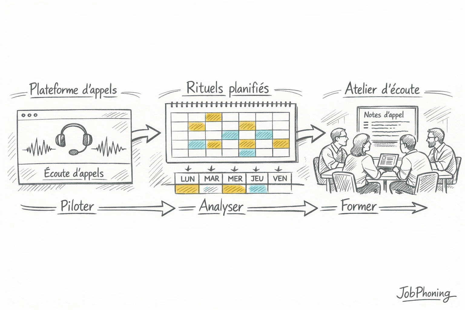Infographie représentant l’intégration de l’écoute d’appels via hub central, modules formation et blocs calendrier connectés.
