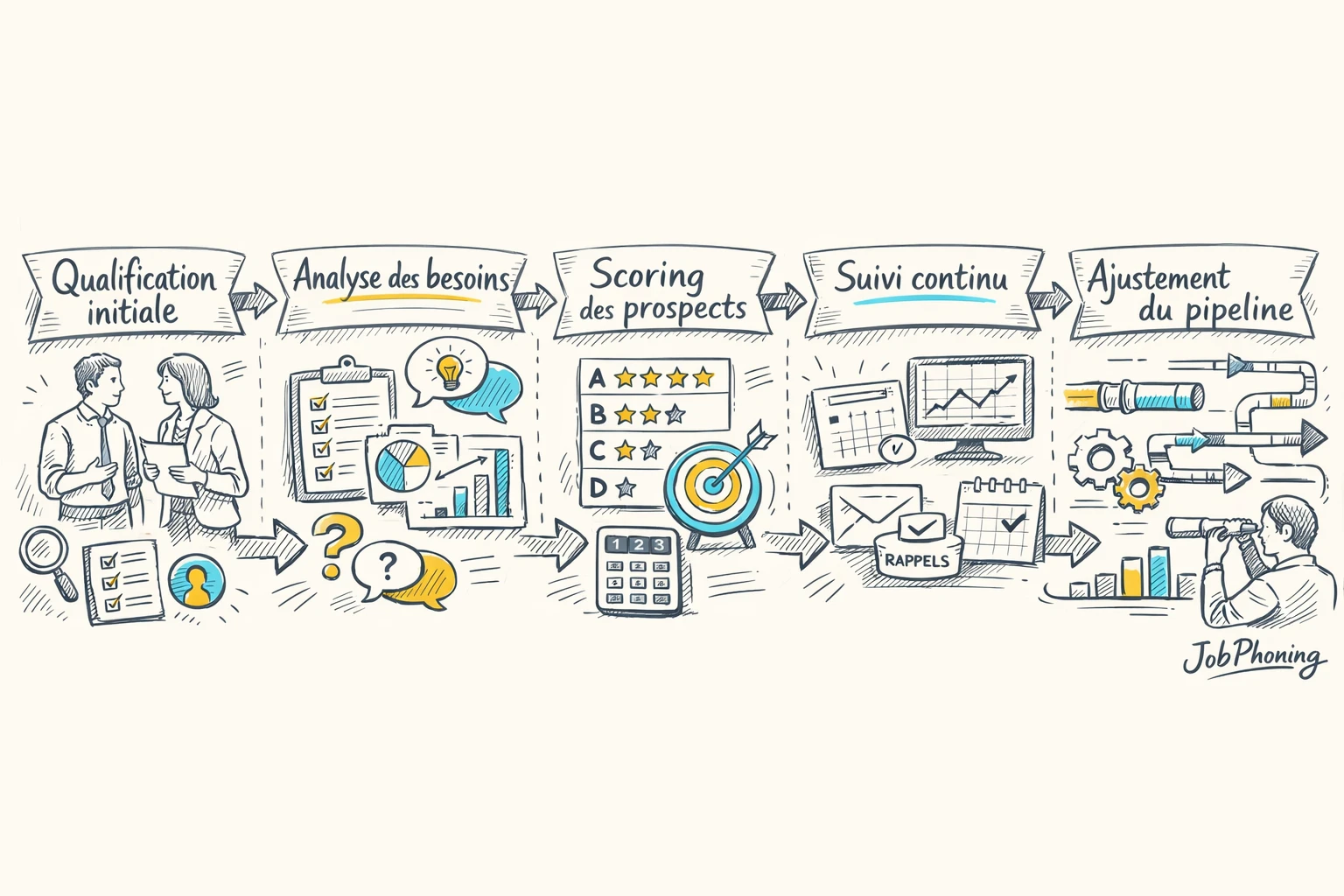 Schéma représentant un parcours de formation à la qualification prospects via blocs reliés et flèches