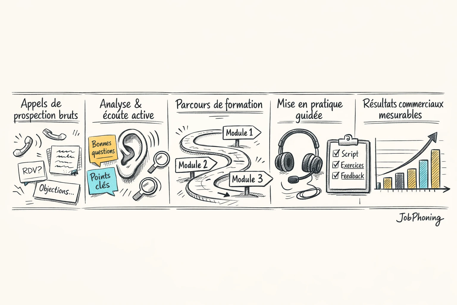 Schéma représentant un parcours de formation commerciale via blocs reliés et flèches minimalistes