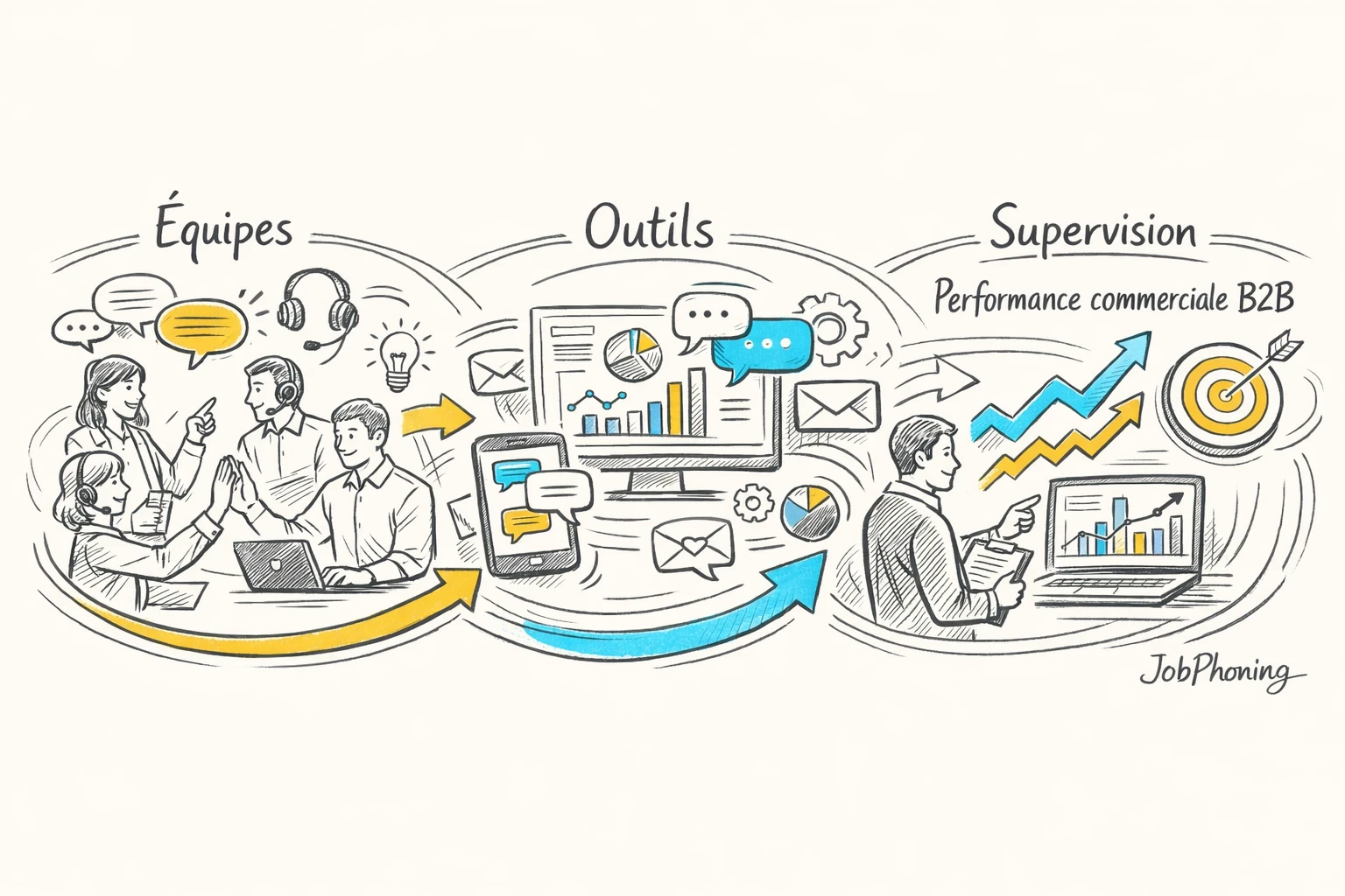 Infographie représentant la formation à l’écoute active via un noyau central connecté à plusieurs blocs