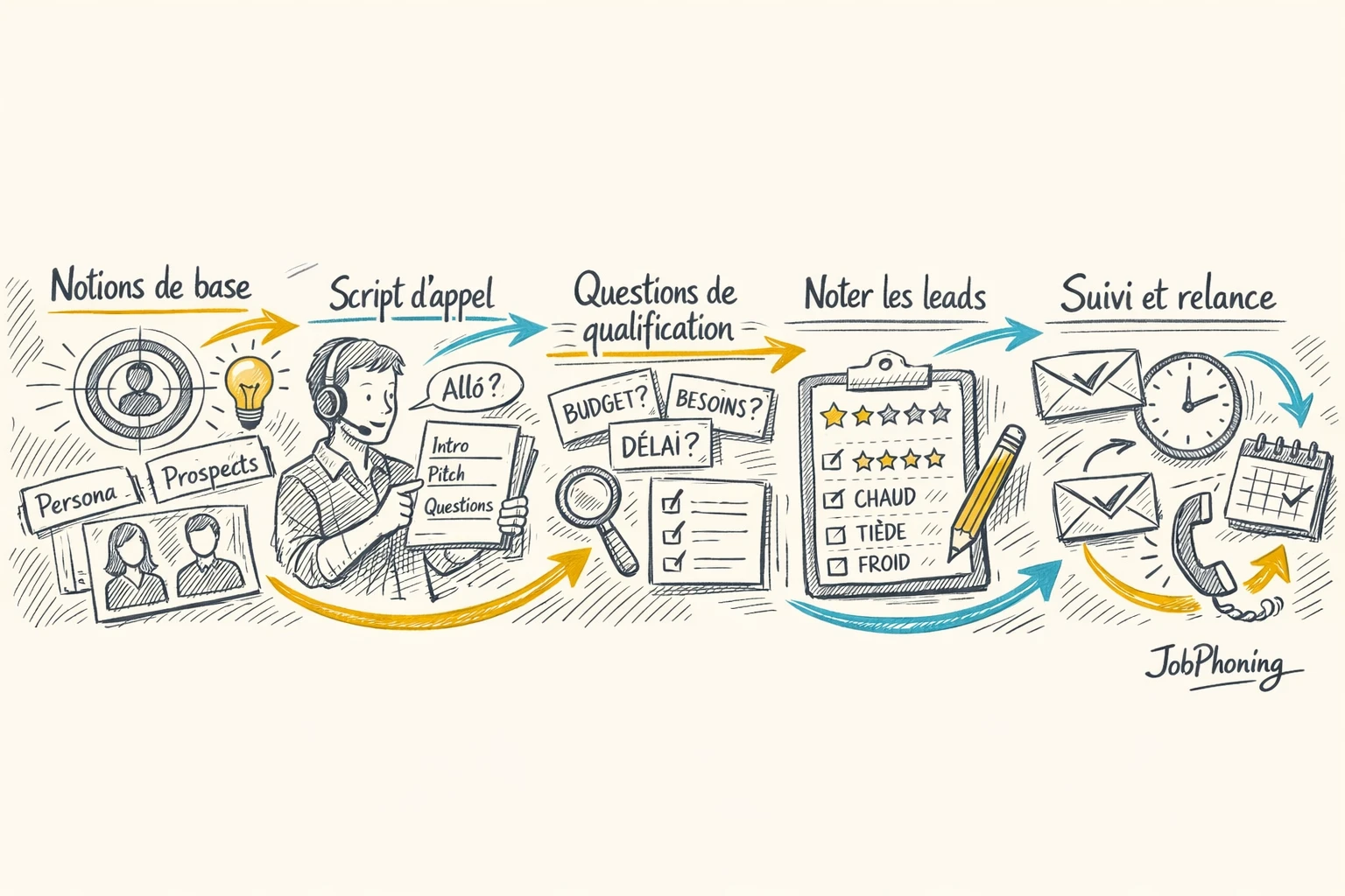 Schéma représentant un parcours de formation à la qualification de prospects via blocs successifs reliés