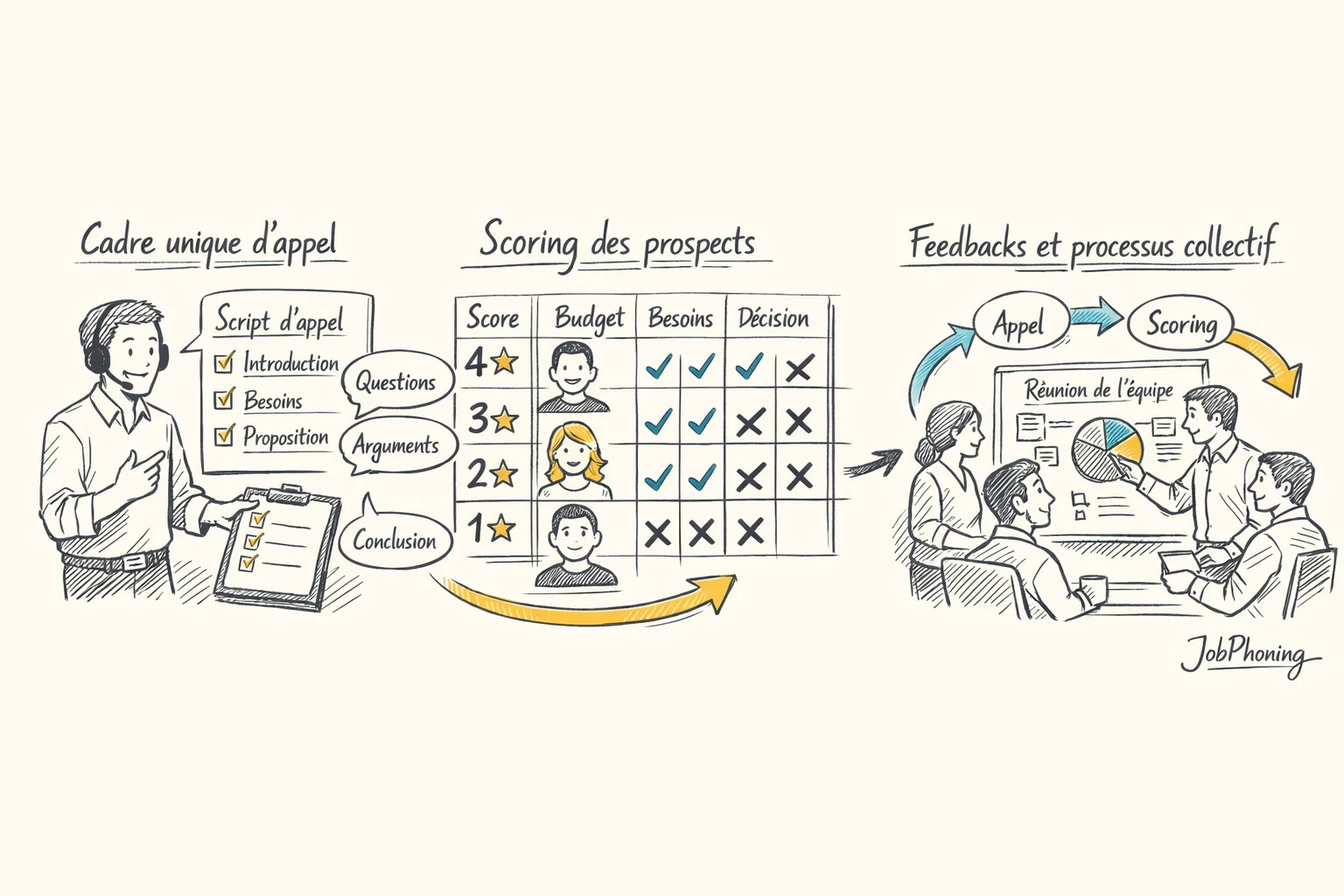 Schéma représentant l’organisation de la qualification prospects via blocs reliés, icônes d’appels et boucle d’amélioration